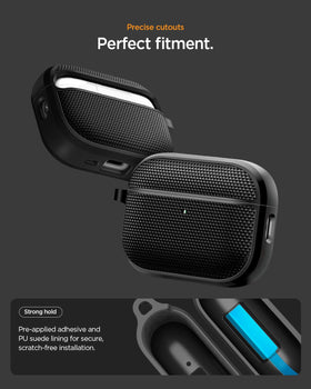 Spigen AirPods Pro 3 case showing adhesive tape for secure slim fit.
