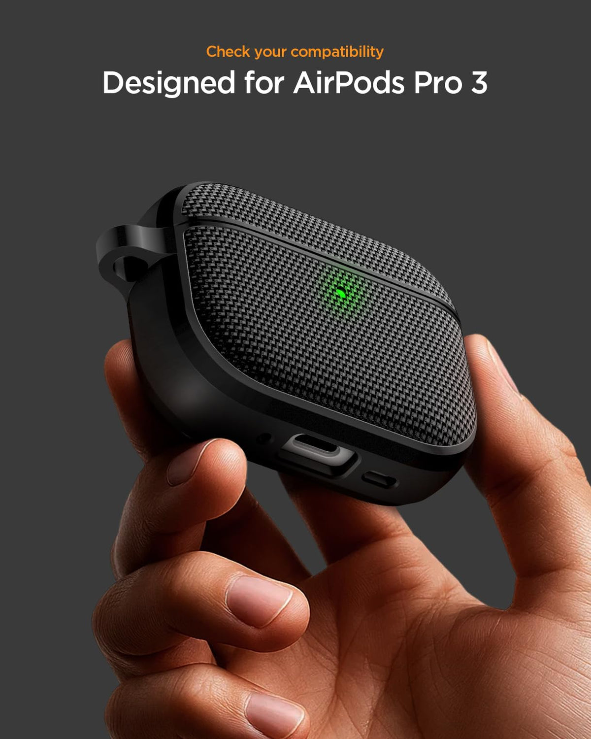 Spigen AirPods Pro 3 case side view in black showing slim profile for on-the-go use.