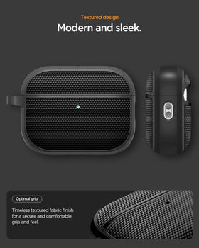 Spigen AirPods Pro 3 case interior in black highlighting premium PU suede lining for protection.