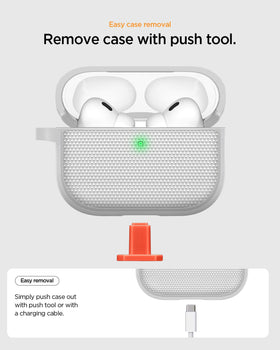 Spigen AirPods Pro 3 case interior features PU suede scratch protection.