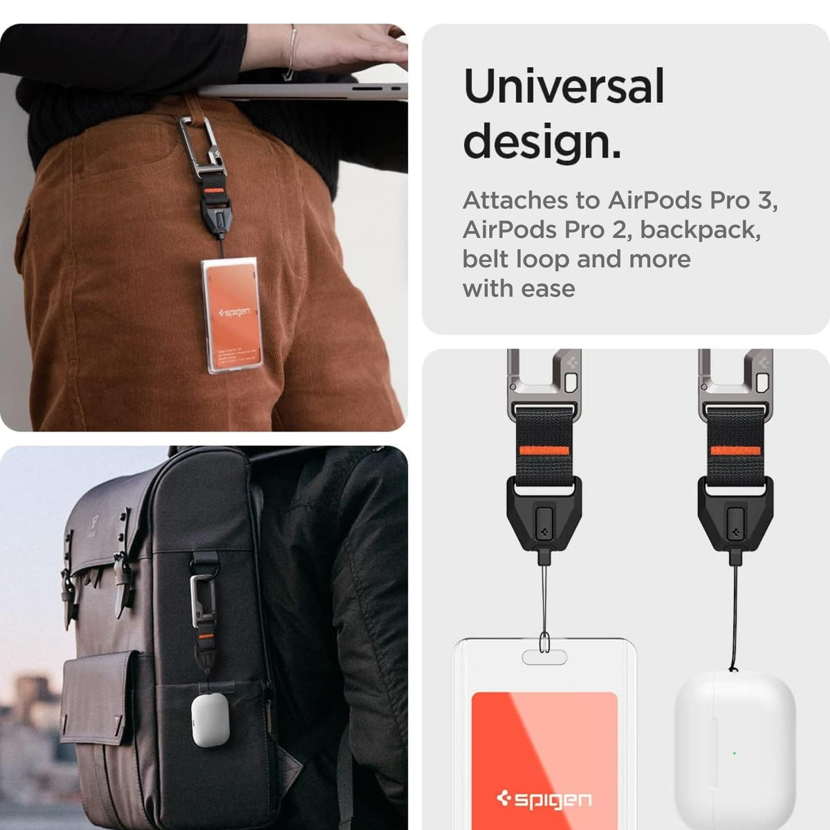 Spigen AirPods Pro 3 lanyard uses a D-shape gate for quick attachment.