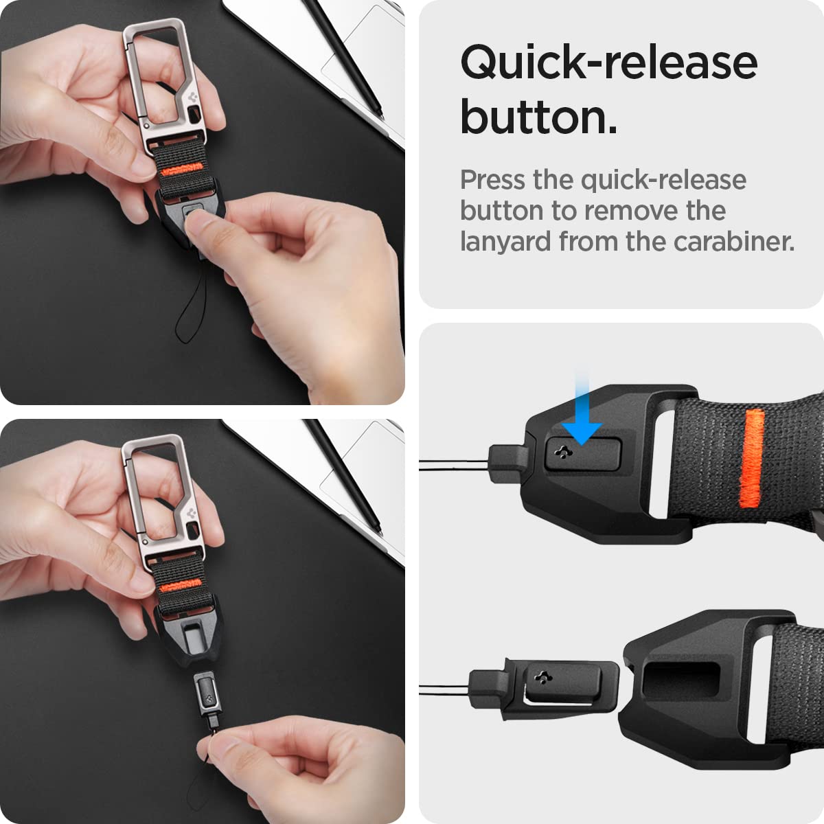 Spigen AirPods Pro 3 lanyard showcases rugged design with orange accent.
