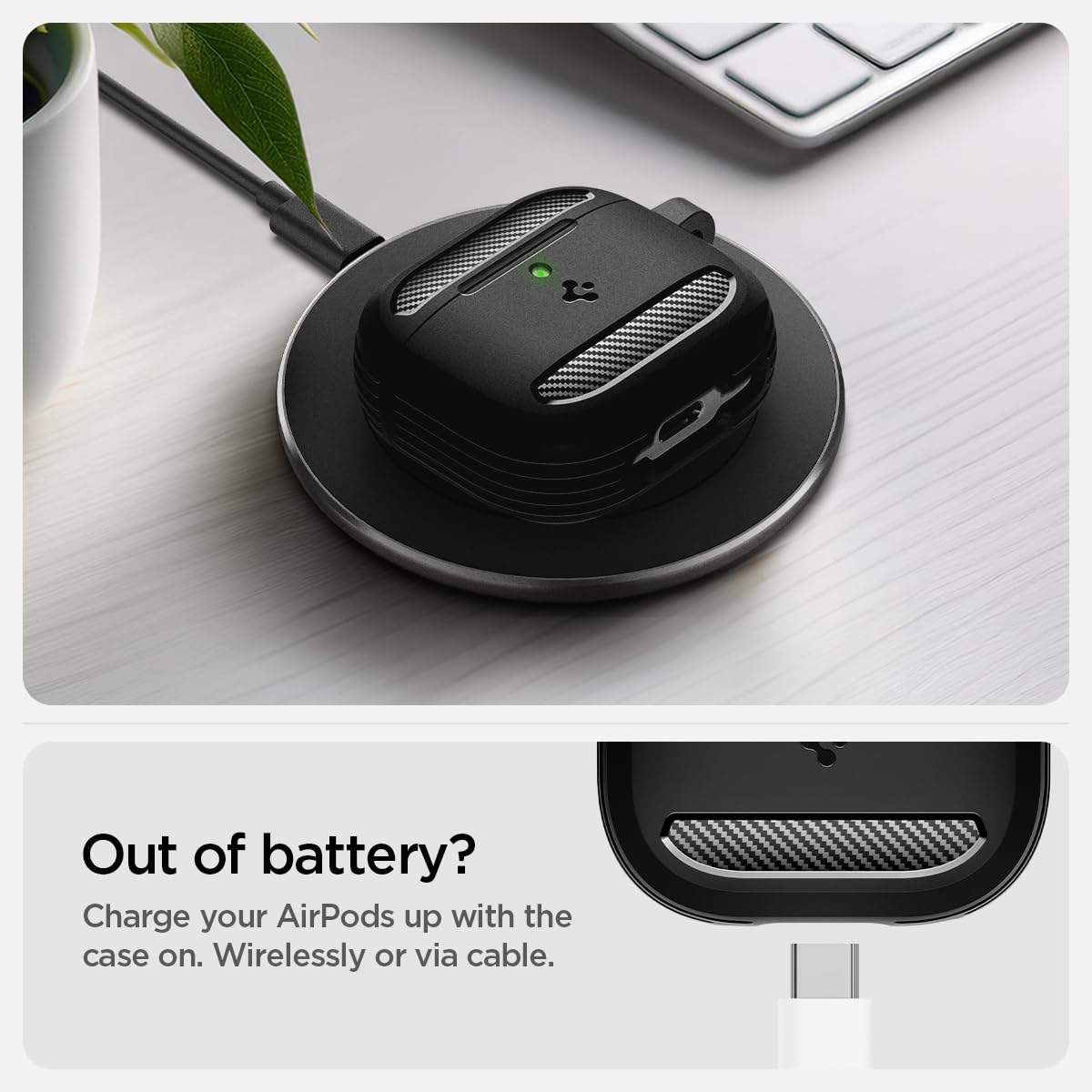 Spigen AirPods 4 case with carbon fiber detailing for a premium look