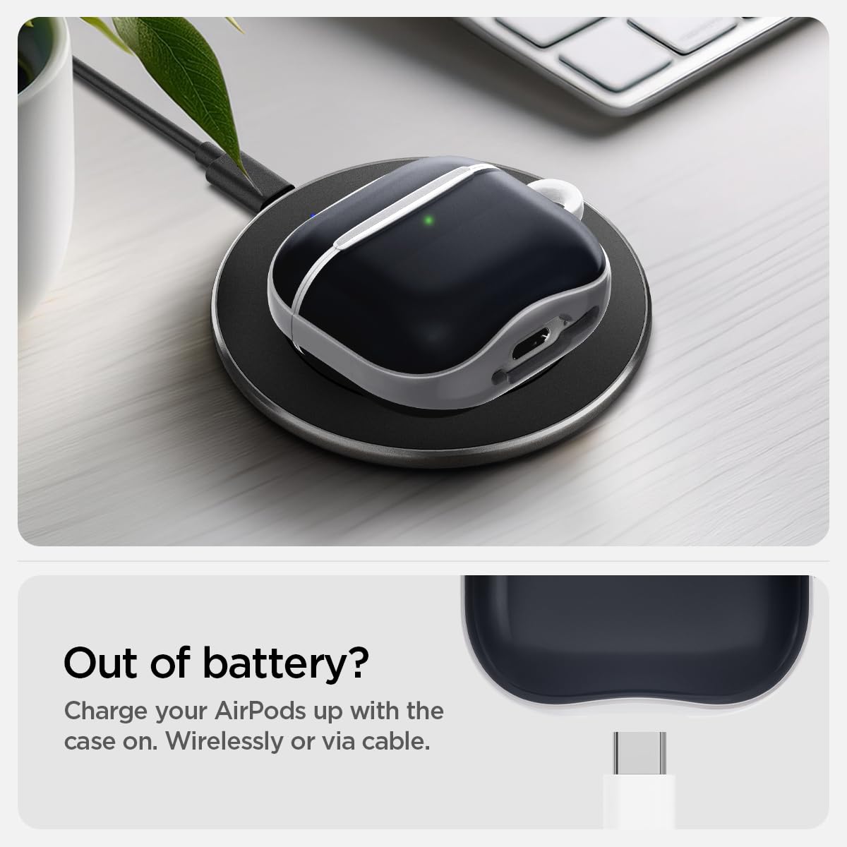Spigen AirPods 4 case carabiner keychain for easy attachment.