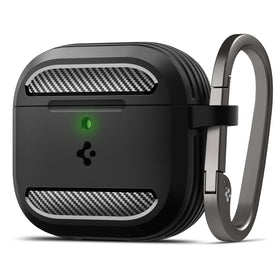 Spigen AirPods 4 Rugged Armor case in matte black protects against drops and scratches