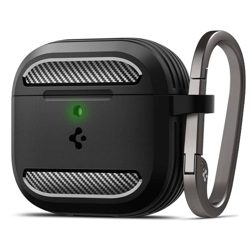 Spigen AirPods 4 Rugged Armor case in matte black protects against drops and scratches