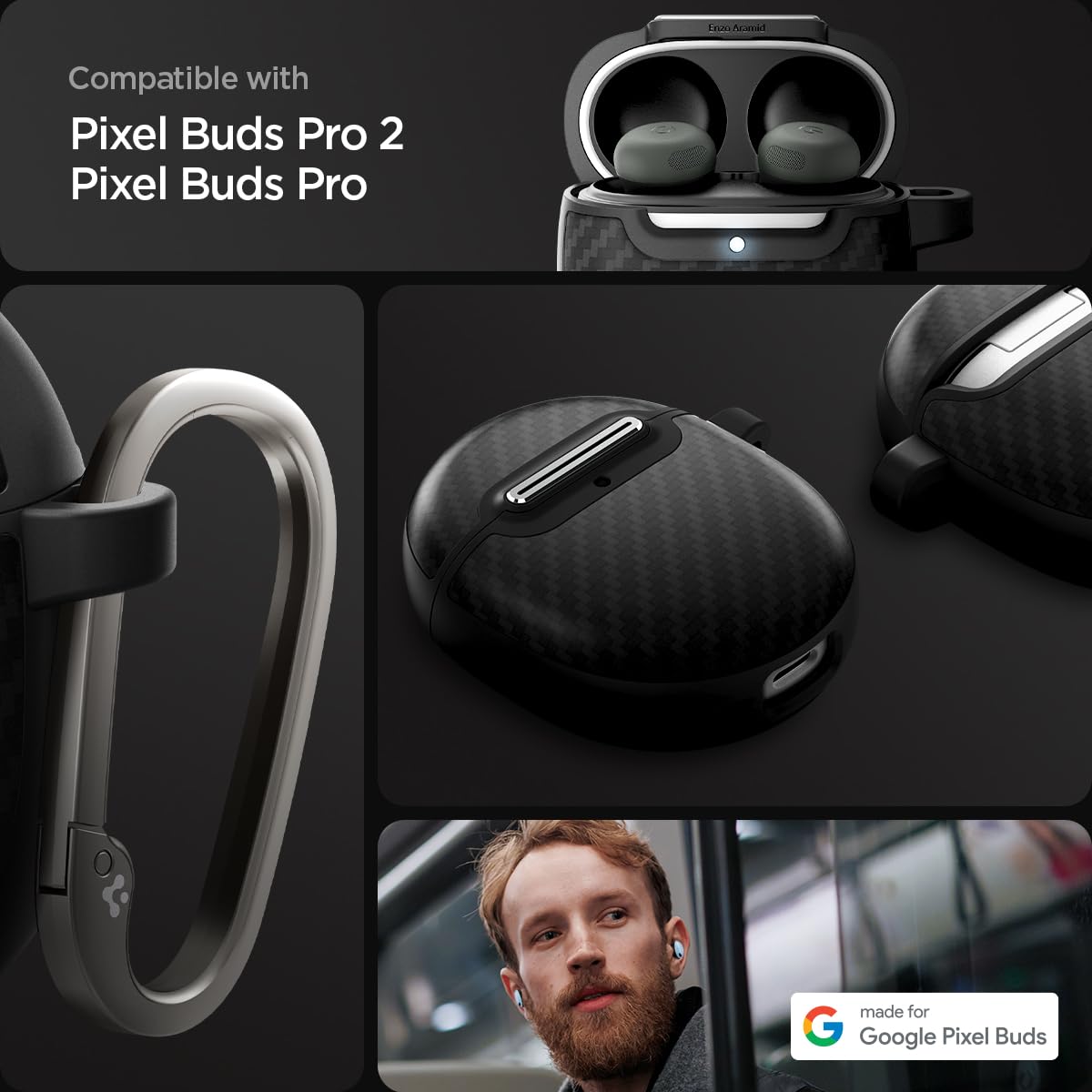 Spigen Enzo Aramid back view highlighting precise cutouts for pairing button and LED indicator