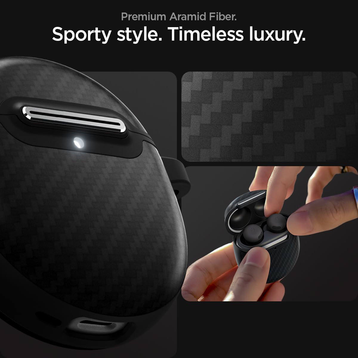 Spigen Enzo Aramid close-up of aramid fiber texture showing sporty carbon-style aesthetics