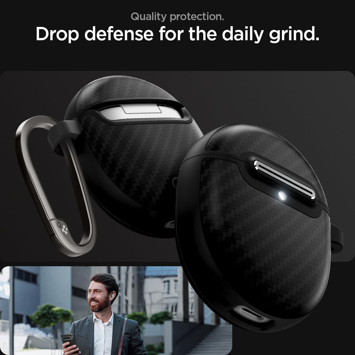 Spigen Enzo Aramid held in hand to show compact size and comfortable pocket-friendly design