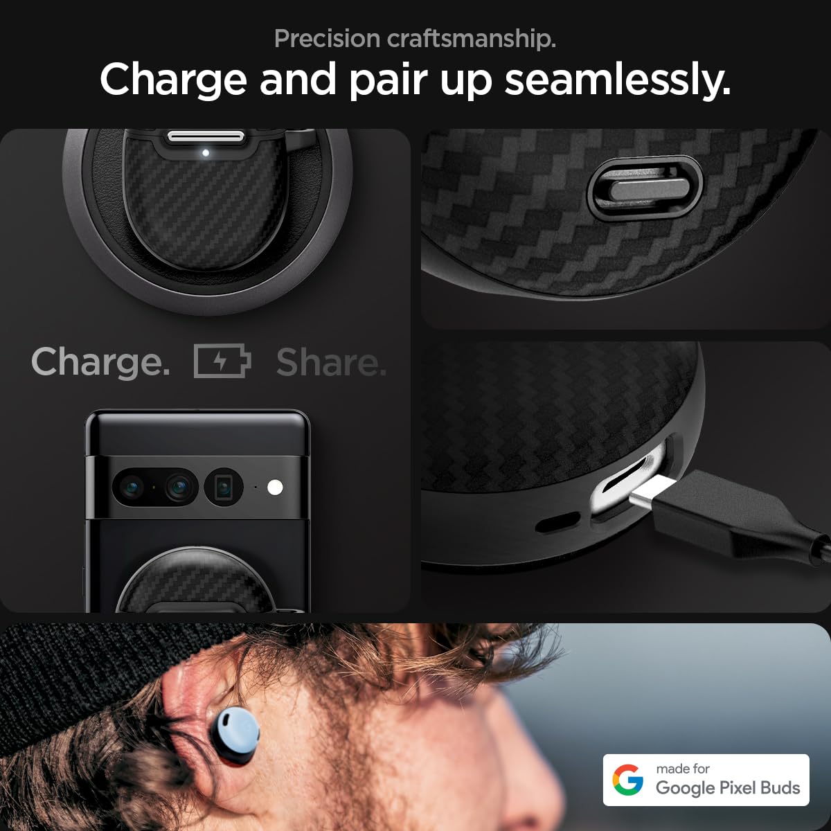 Spigen Enzo Aramid clipped to backpack in commute scene showing travel-ready protection