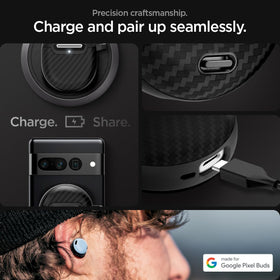 Spigen Enzo Aramid clipped to backpack in commute scene showing travel-ready protection