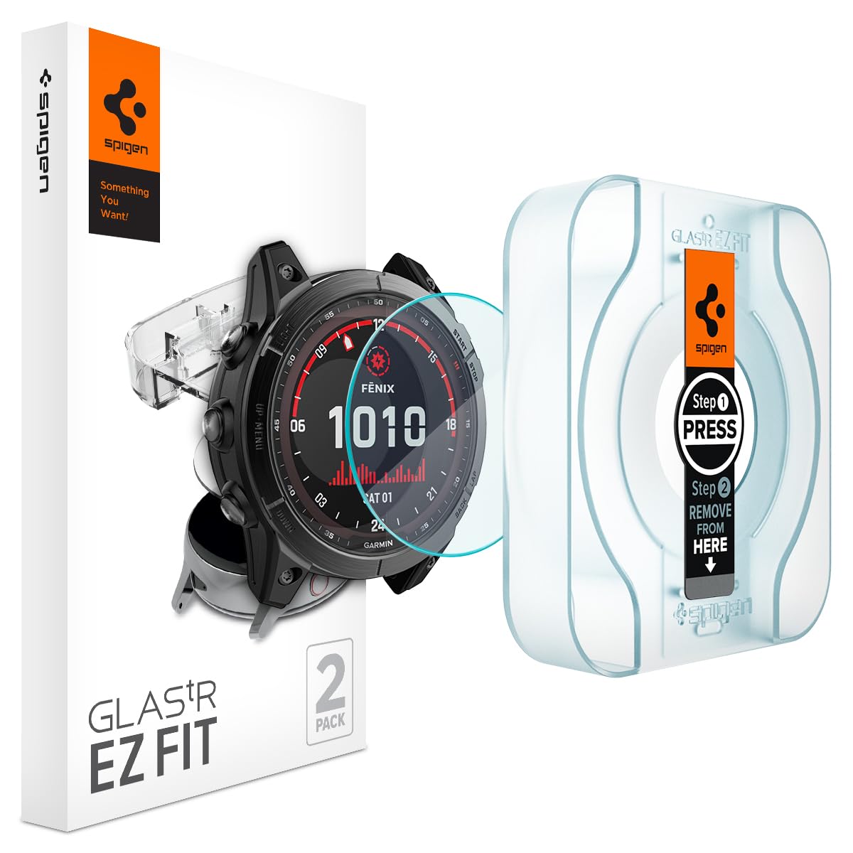 Spigen front packaging showing GlasTR EZ FIT two-pack and quick install benefits