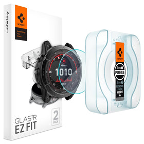 Spigen front packaging showing GlasTR EZ FIT two-pack and quick install benefits