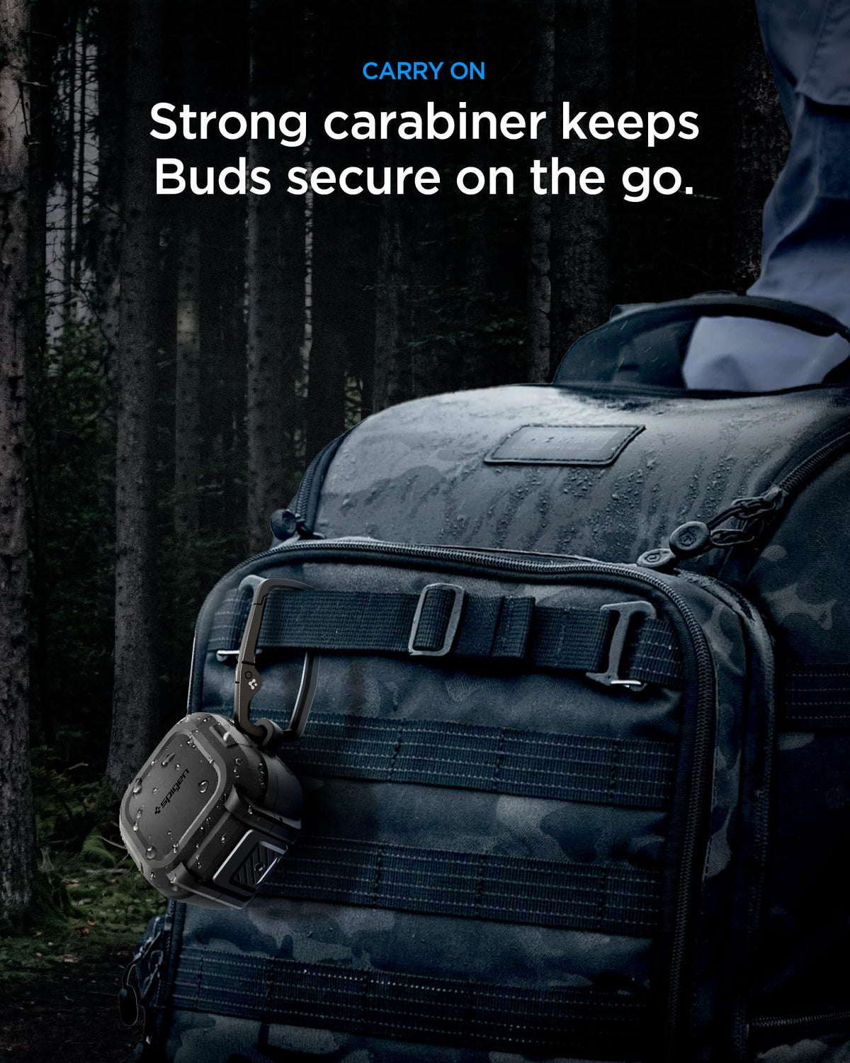 Spigen case with carabiner attached to backpack for convenient everyday carry