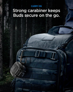 Spigen case with carabiner attached to backpack for convenient everyday carry