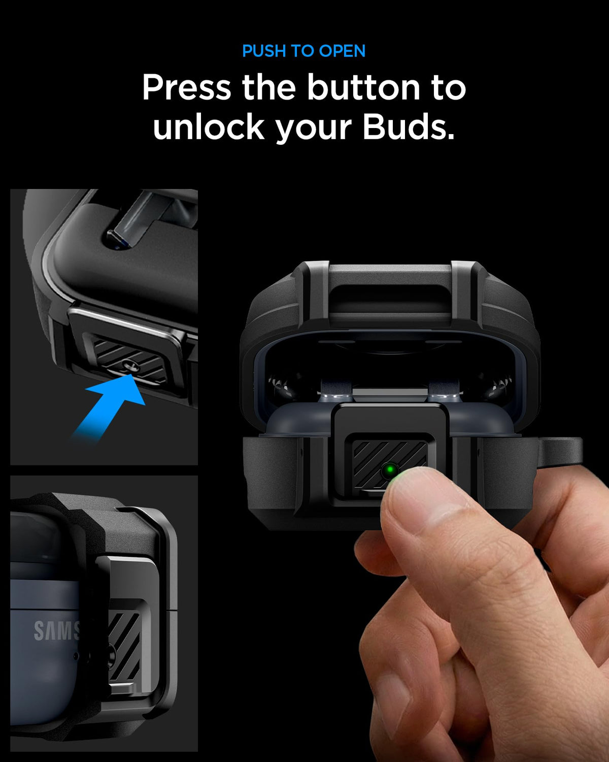 Spigen close-up of secure lock clip demonstrating added retention and safety
