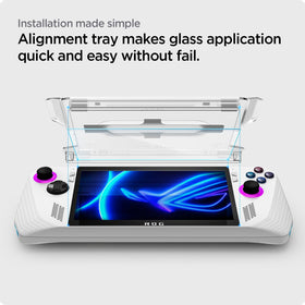 Spigen GlasTR EZ FIT on ASUS ROG Ally, precise flush fit with the device.