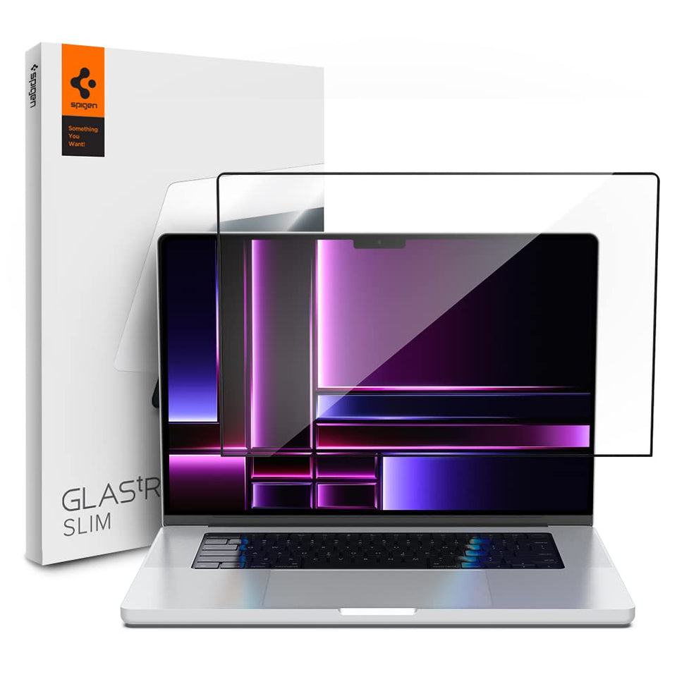 Spigen front view protector fitted on MacBook Pro showing clear display benefit