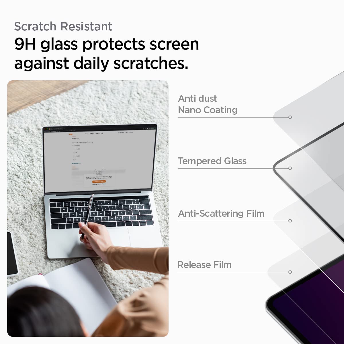 Spigen GlasTR Slim installed on MacBook Pro displaying preserved screen clarity