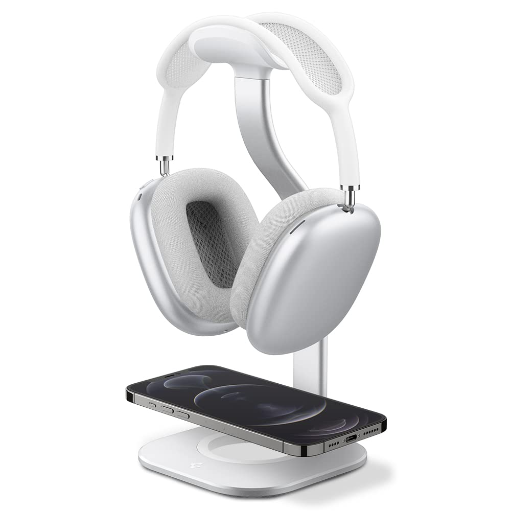 Spigen silver stand front view showing sleek profile and tidy storage benefit