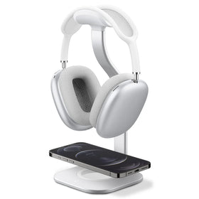 Spigen silver stand front view showing sleek profile and tidy storage benefit