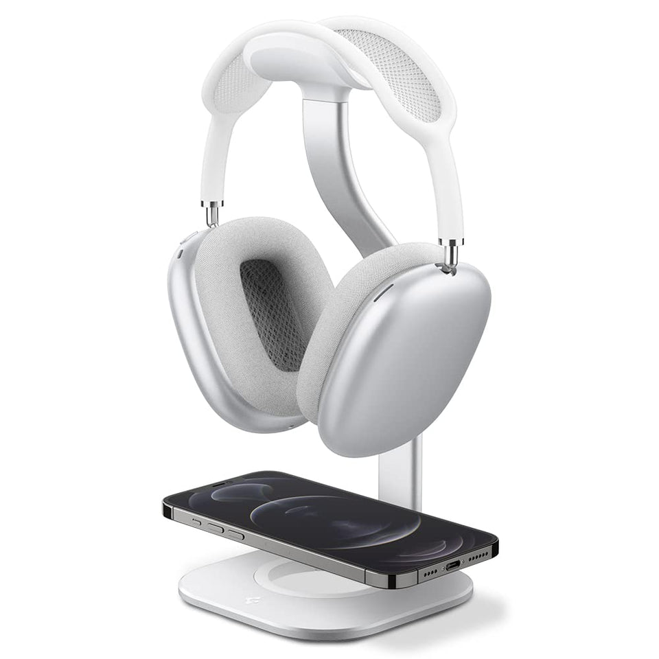 Spigen silver stand front view showing sleek profile and tidy storage benefit