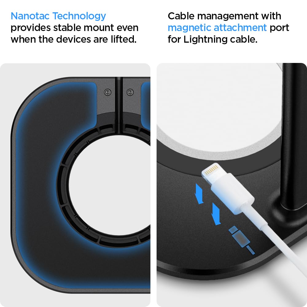 Spigen on nightstand with headphones showing organized, stylish bedroom setup