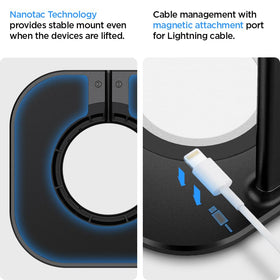 Spigen on nightstand with headphones showing organized, stylish bedroom setup