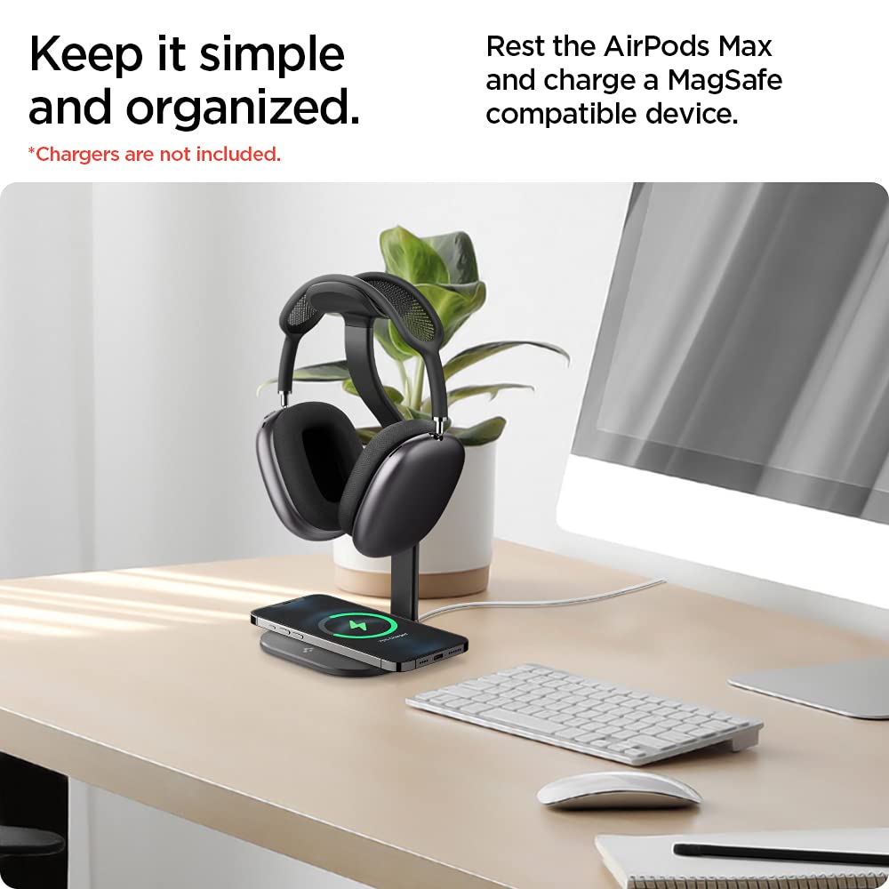 Spigen recessed charging dock showing MagFit compatibility and tidy cable routing