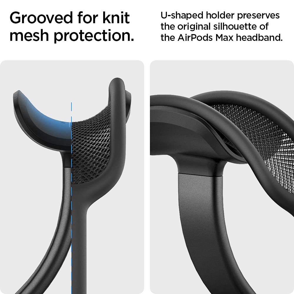 Spigen holding AirPods Max to display fit and secure vertical storage benefit