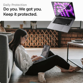 Spigen installed on MacBook Air 15 demonstrating pristine screen clarity benefit