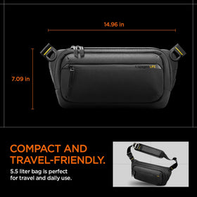 Spigen Life Case clipped to travel luggage at an airport demonstrating secure carry and hands-free convenience