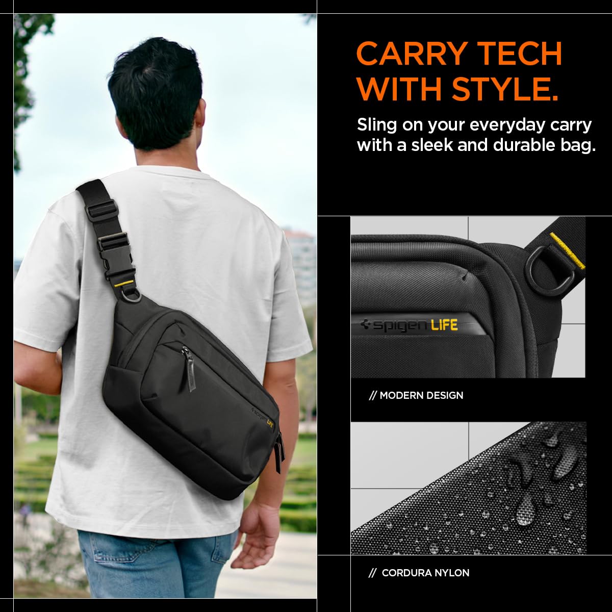 Spigen Life Case opened displaying padded main compartment with room for console and charger for organized storage