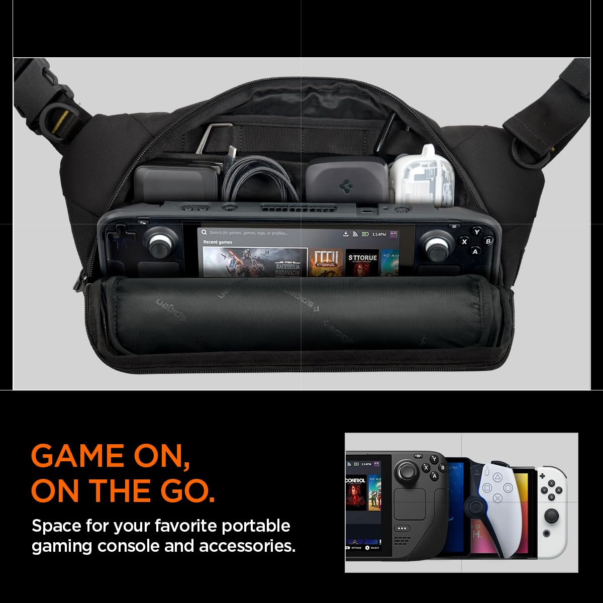Person wearing Spigen Life Case crossbody on chest showing comfortable strap and easy reach during travel