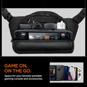 Person wearing Spigen Life Case crossbody on chest showing comfortable strap and easy reach during travel