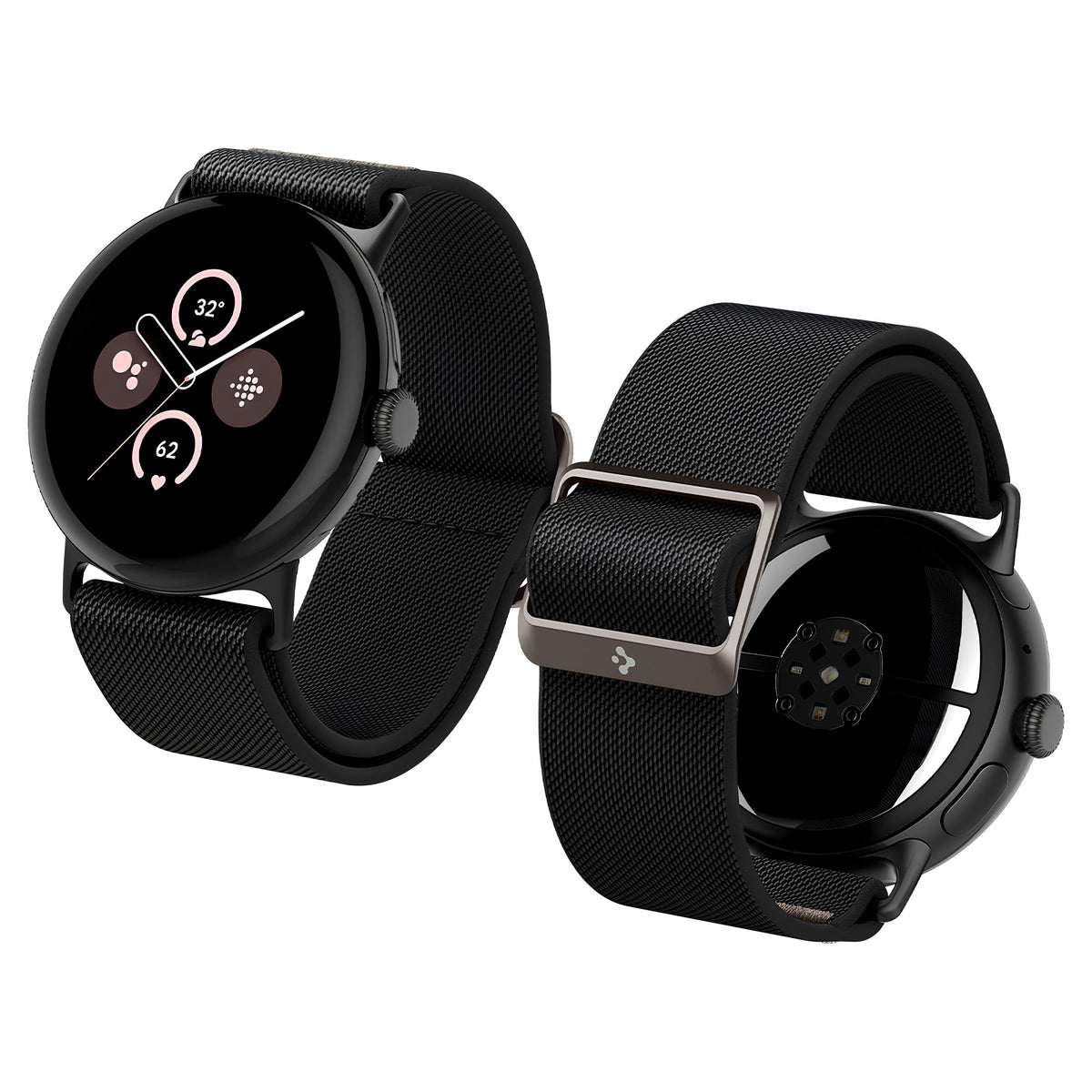 Spigen Lite Fit nylon Solo Loop on Pixel Watch 45mm close-up; durable daily wear.