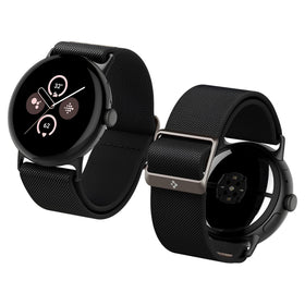 Spigen Lite Fit nylon Solo Loop on Pixel Watch 45mm close-up; durable daily wear.
