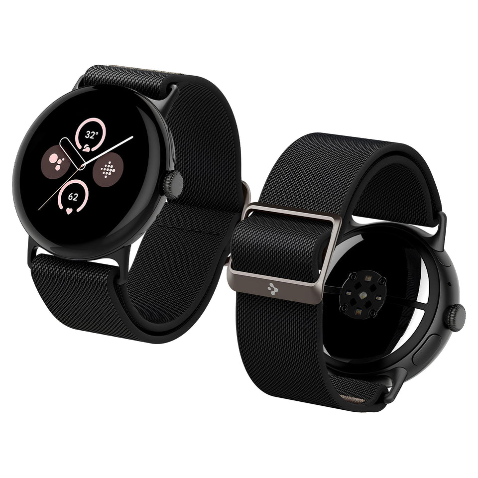 Spigen Lite Fit nylon Solo Loop on Pixel Watch 45mm close-up; durable daily wear.