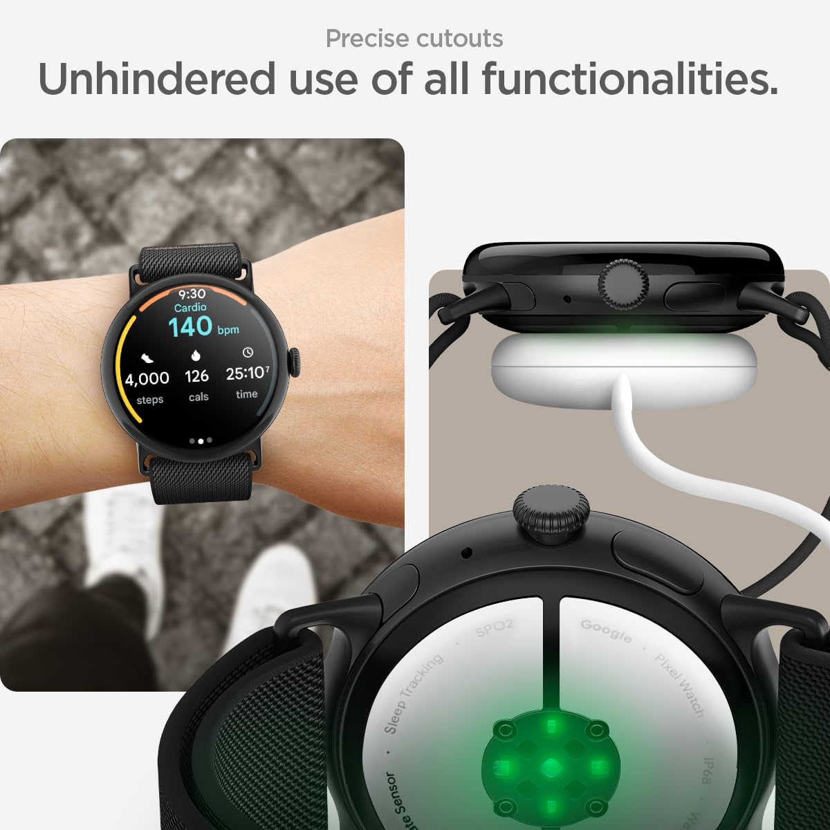 Pixel Watch 45mm wearing Spigen Lite Fit in everyday setting.