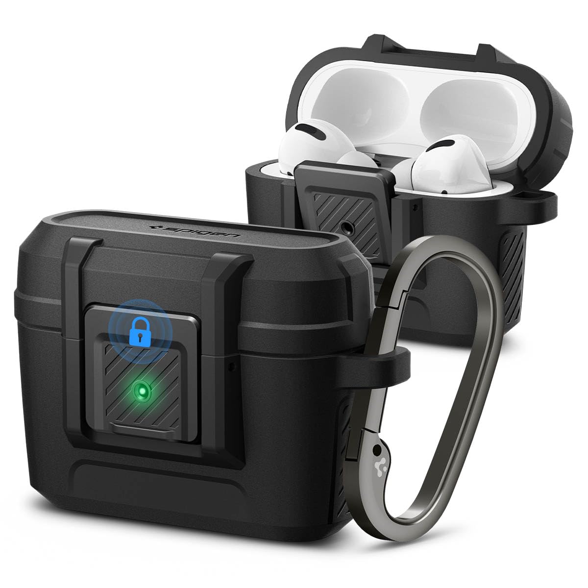 Spigen Lock Fit AirPods Pro case matte black with secure clip for everyday protection.