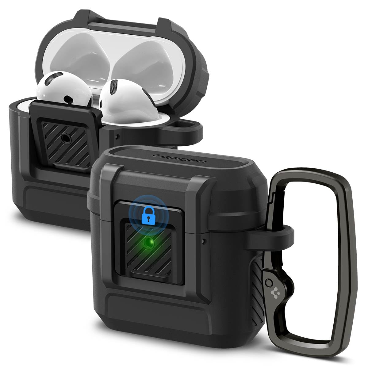 Spigen Lock Fit AirPods 4 Case with matte black clip locks securely during travel