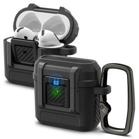 Spigen Lock Fit AirPods 4 Case with matte black clip locks securely during travel
