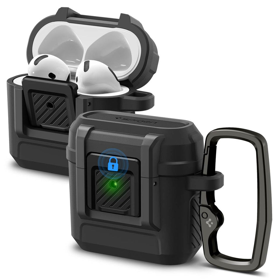 Spigen Lock Fit AirPods 4 Case with matte black clip locks securely during travel