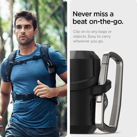 Spigen Lock Fit clipped to backpack with carabiner for hands-free carry