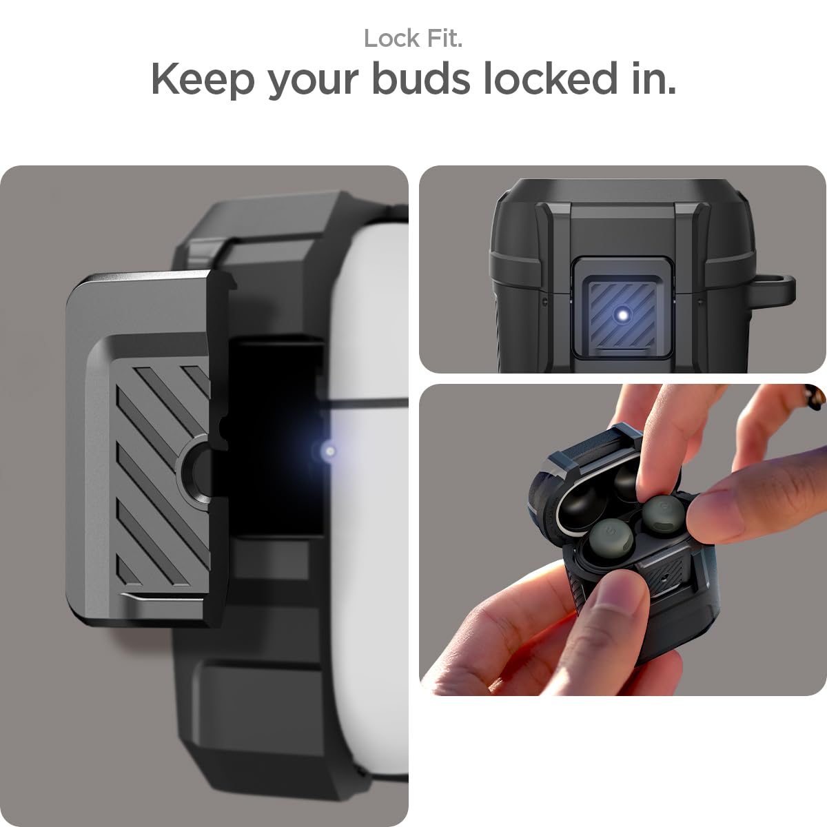 Spigen Lock Fit Pixel Buds Pro 2 carabiner clip for easy attachment.