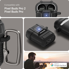 Spigen Lock Fit Pixel Buds Pro 2 locking clip secures the case.