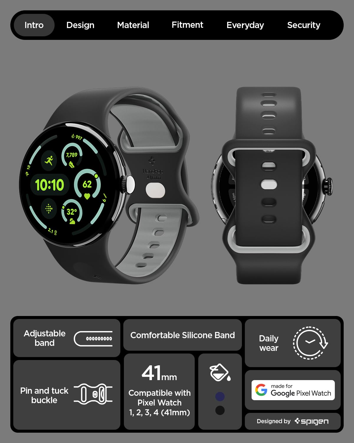Spigen Nano Pop 41mm band buckle closeup shows secure aluminum clasp.