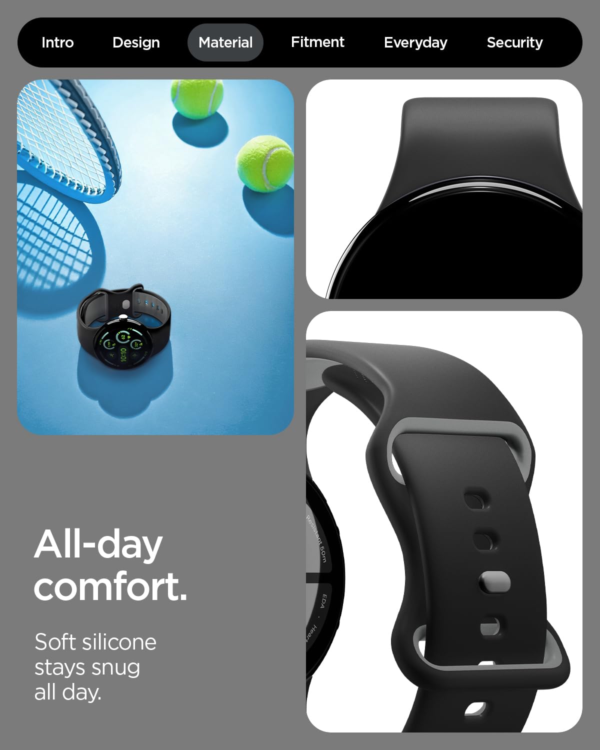Spigen Nano Pop pin-tuck closure for Pixel Watch band adjustability.