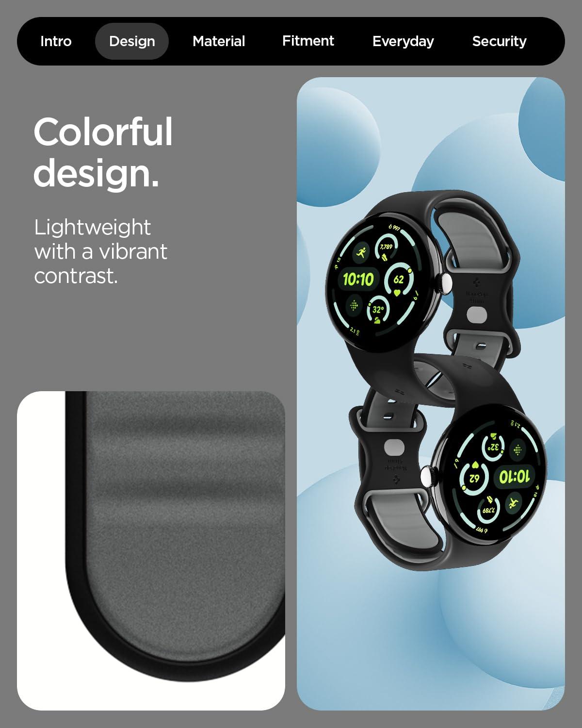 Spigen Nano Pop silicone texture closeup shows soft, waterproof material.