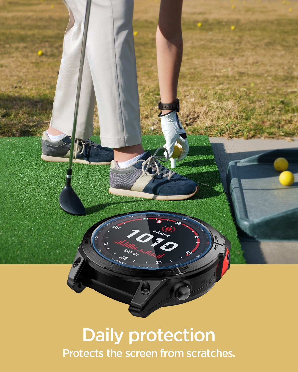 Spigen protector fitted on Garmin Fenix 8 display preserving touch accuracy